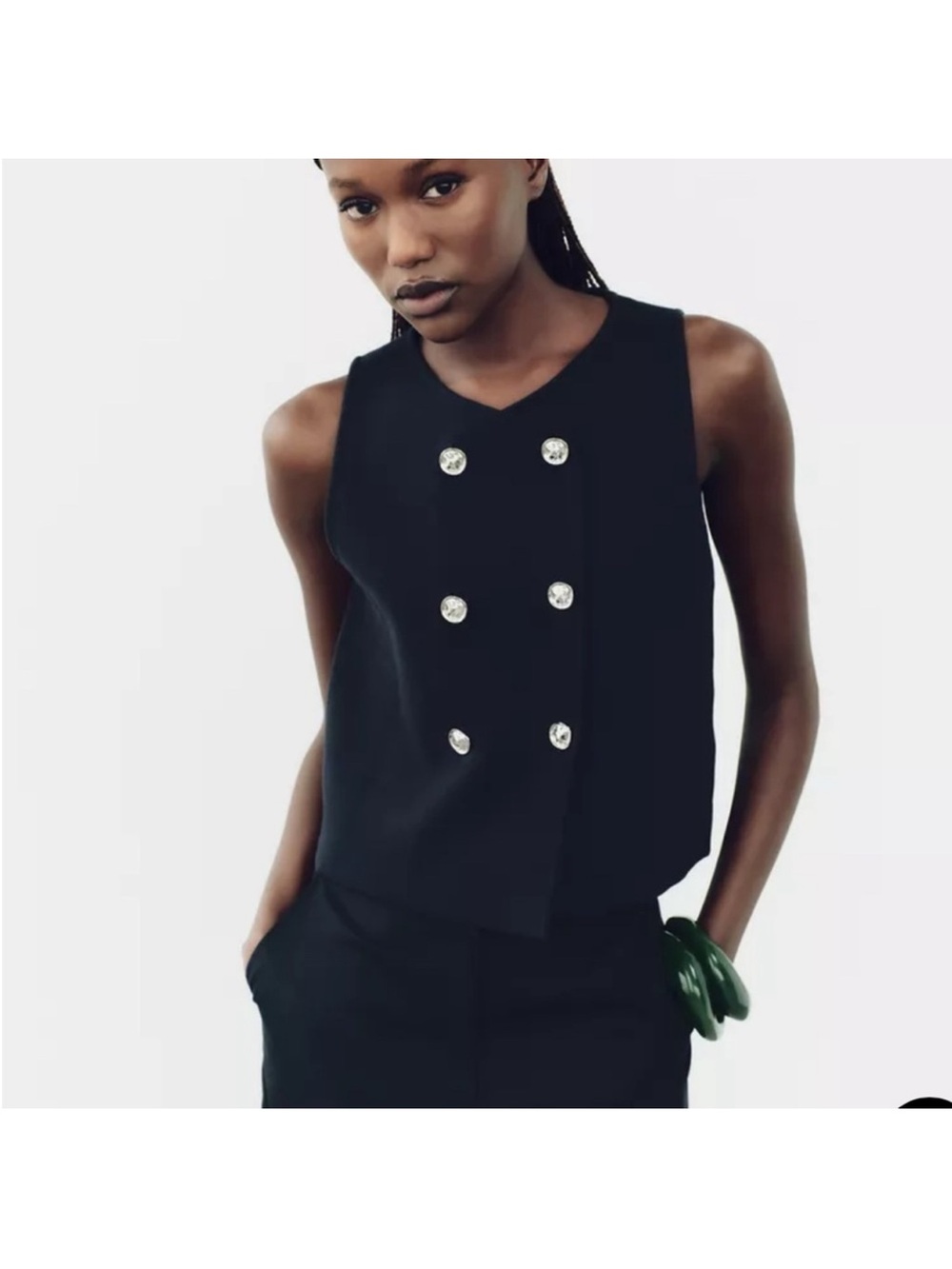 NWOT ZARA Navy Blue Knit Double Breasted Vest with Silver Buttons - Size XS - Picture 1 of 8